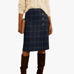 J Jill Womens Pull-on Faux Wrap Skirt Plaid Buttons Navy Blue Gray Collegiate SP